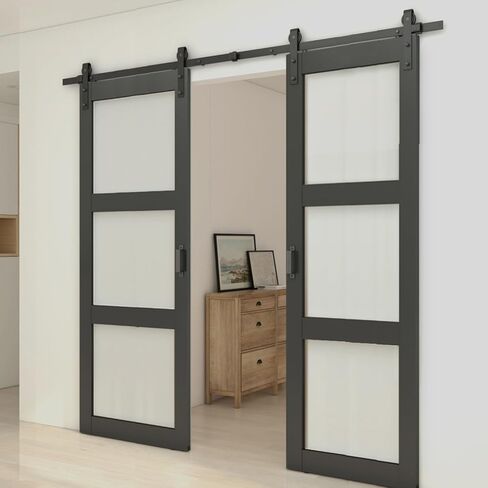 42 in. x 84 in. 3-Lite Tempered Frosted Glass Composite Double Sliding Barn Door with Hardware in Kuwait