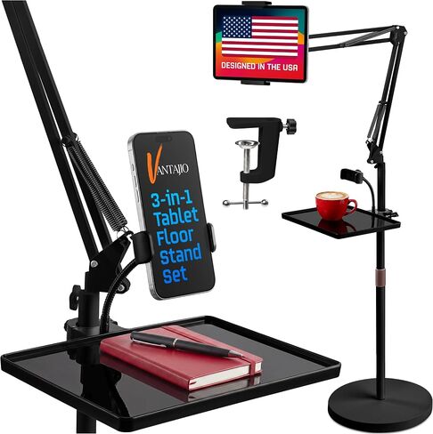 Tablet Floor Stand, 12lb Weighted Base, Tray & Phone Holder, Black in Kuwait