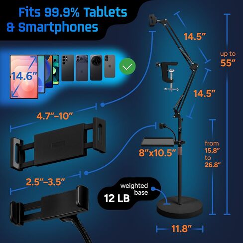 Tablet Floor Stand, 12lb Weighted Base, Tray & Phone Holder, Black in Kuwait