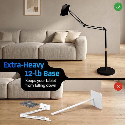 Tablet Floor Stand, 12lb Weighted Base, Tray & Phone Holder, Black in Kuwait