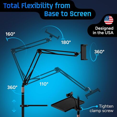 Tablet Floor Stand, 12lb Weighted Base, Tray & Phone Holder, Black in Kuwait