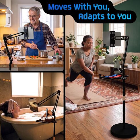 Tablet Floor Stand, 12lb Weighted Base, Tray & Phone Holder, Black in Kuwait