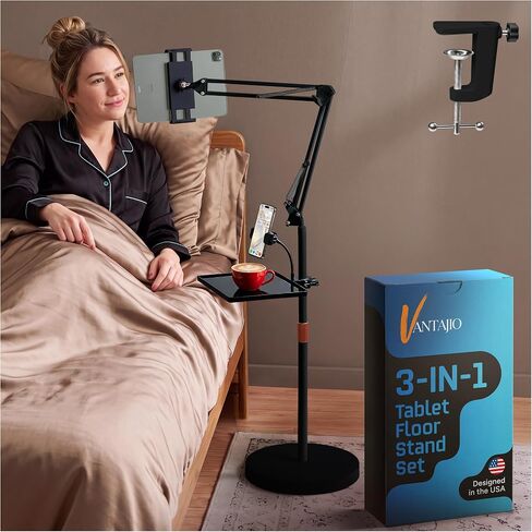 Tablet Floor Stand, 12lb Weighted Base, Tray & Phone Holder, Black in Kuwait