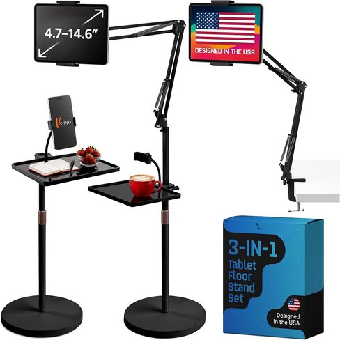Tablet Floor Stand, 12lb Weighted Base, Tray & Phone Holder, Black in Kuwait
