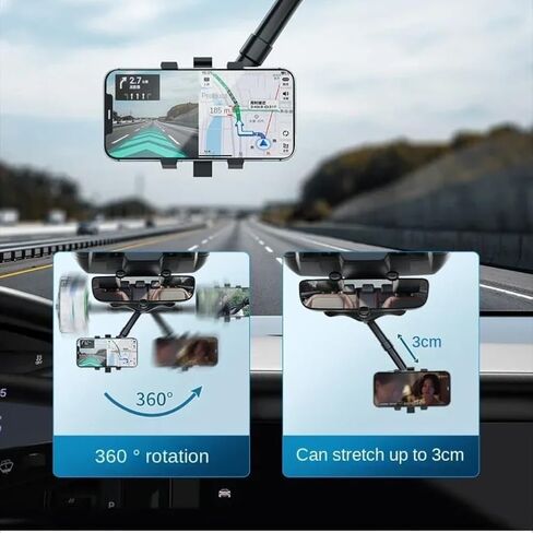 Car Rearview Mirror Phone Mount Stable Gripper 360 Degree Rotation Navigation Holder Bracket Compatible with iPhone Samsung Xiaomi (Black) in Kuwait