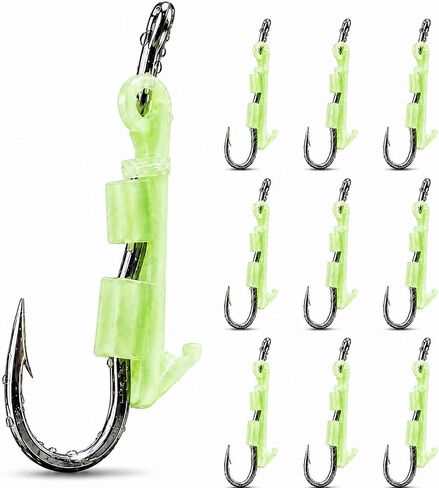 10 Pack Luminous Live Shrimp Hooks – High Carbon Steel Fishing Hooks Saltwater Corrosion Resistant, Barbed Offset Hooks for Freshwater, Ideal for Bass Grouper Pike Catfish, with Silicone Bands in Kuwait
