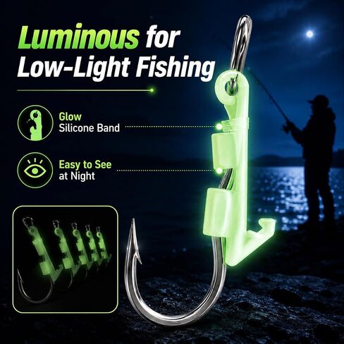 10 Pack Luminous Live Shrimp Hooks – High Carbon Steel Fishing Hooks Saltwater Corrosion Resistant, Barbed Offset Hooks for Freshwater, Ideal for Bass Grouper Pike Catfish, with Silicone Bands in Kuwait