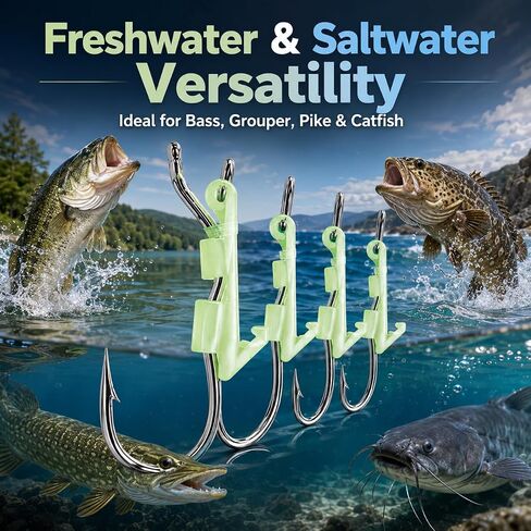 10 Pack Luminous Live Shrimp Hooks – High Carbon Steel Fishing Hooks Saltwater Corrosion Resistant, Barbed Offset Hooks for Freshwater, Ideal for Bass Grouper Pike Catfish, with Silicone Bands in Kuwait