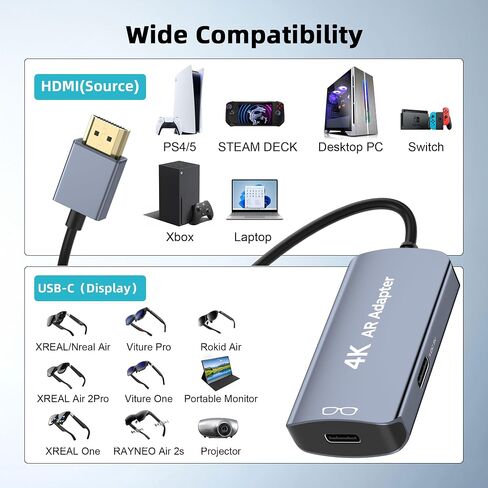 HDMI to USB C Adapter 4K@60Hz for AR Glasses, HDMI Male to USB C Female for XREAL One/Air 2 Pro, VITURE Pro, RayNeo Air 2s, Rokid Max, Switch 2/1, Steam Deck, PS5/4, Xbox, ROG Ally, Portable Monitor in Kuwait