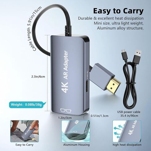 HDMI to USB C Adapter 4K@60Hz for AR Glasses, HDMI Male to USB C Female for XREAL One/Air 2 Pro, VITURE Pro, RayNeo Air 2s, Rokid Max, Switch 2/1, Steam Deck, PS5/4, Xbox, ROG Ally, Portable Monitor in Kuwait