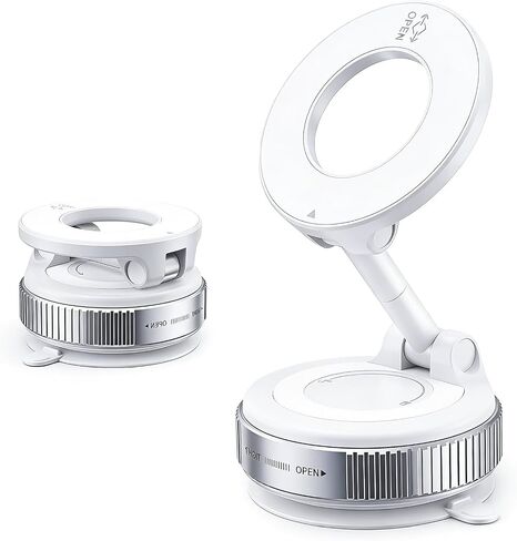 Vacuum Magnetic Phone Car Mount - Universal Dashboard & Home Cell Phone Holder with Air Pressure Suction Base + Metal Rings & Sticky Base for Non-Magnetic Phones (iPhone & Android) (White) in Saudi Arabia