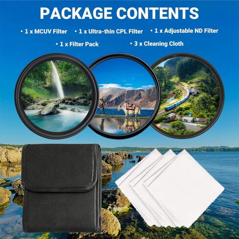 ZOMEI 82mm UV/CPL/ND Lens Filter Kit (3 Pieces),Multi-Coated UV Protector, CPL Polarizing and ND2-ND400 Neutral Density Adjustable Filters with Cleaning Cloth and Filter Pouch or 82mm Camera Lens in Kuwait