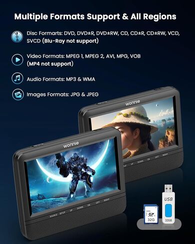 WONNIE 7.5'' Car DVD Player Dual Screen, Headrest DVD Player Play the Same or Two Different Movies with Headrest Straps, Support Last Memory, AV Out/in, USB/SD, All Regions in Kuwait