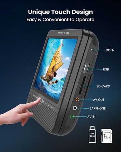 WONNIE 7.5'' Car DVD Player Dual Screen, Headrest DVD Player Play the Same or Two Different Movies with Headrest Straps, Support Last Memory, AV Out/in, USB/SD, All Regions in Kuwait