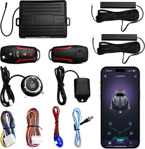 Universal Remote Start Kit with Push Start Button, Keyless Entry System, Bluetooth App Control, Car Alarm System, Push to Start Conversion Kit, Smart Keyless Ignition for 12V Vehicles in Kuwait