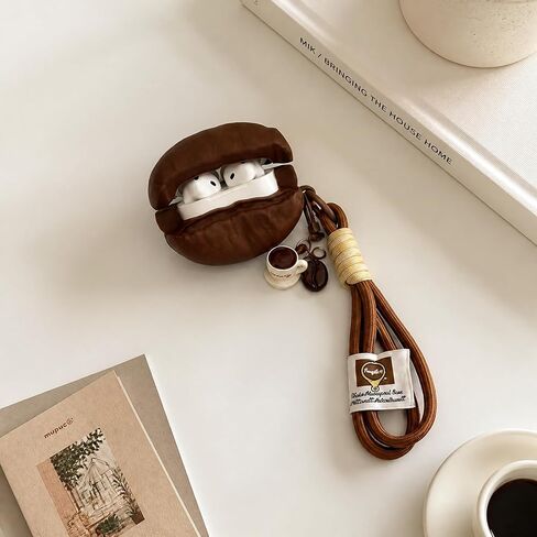 Cute Coffee Bean Shaped Silicone Earbuds Case, Mini 3D Coffee Bean Protective Cover, Shockproof Soft Earphone Shell with Keychain for AirPods 4 in Kuwait