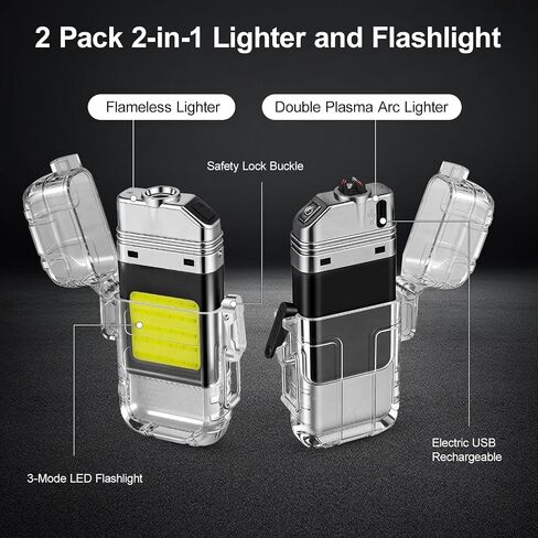 2 Pack Waterproof Dual Arc Plasma Lighter with 3-Mode Flashlight in Kuwait