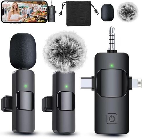 PQRQP 3 in 1 Professional Wireless Lavalier Microphone for iPhone/Android/Camera, Wireless Microphones, Mini Microphone, Crystal Clear Sound Quality for Recording, Live Streaming, Clips-Elegant Black in Kuwait