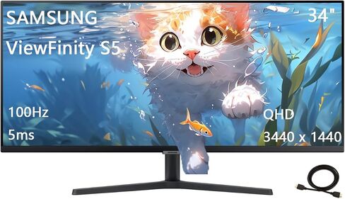 Samsung 34" ViewFinity S5 Series Ultrawide Monitor, QHD(3440 x 1440), 100Hz, 5ms, AMD FreeSync, HDR10 (DisplayPort, HDMI), Borderless Design, Black, with HDMI Cable in Kuwait