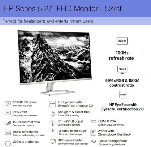 شاشة HP Series 5 524SH مقاس 23.8 بوصة عالية الدقة (1920×1080) | شاشة IPS، 100 هرتز، إطار نحيف، تقنية راحة العين، حامل قابل لضبط الارتفاع ووصلة HDMI، تحل محل M24H (94C19AA#ABA) + واقي شاشة + المزيد in Kuwait