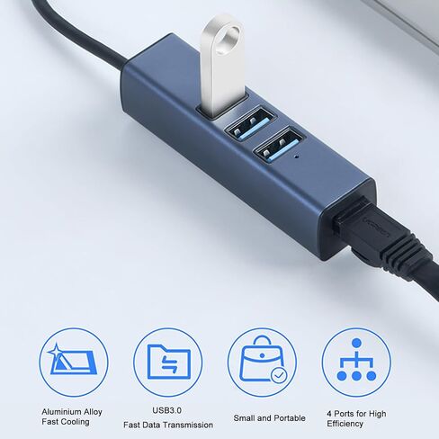 USB to Ethernet Adapter with 4 Ports, USB 3.0 Hub for Laptop Desktop Tablet, 100Mbps RJ45 Network Adapter, 5Gbps Data Transfer, Aluminum Alloy Enclosure in Kuwait