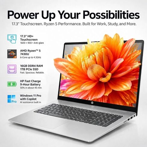 HP 17-inch Touchscreen Business Laptop, AMD Ryzen 5 7430U, 128GBRAM 8TB SSD in Kuwait