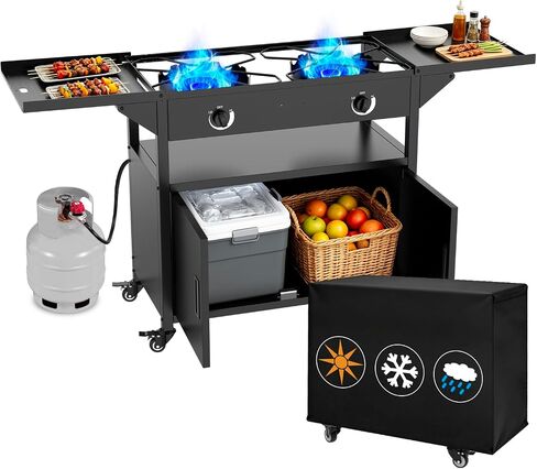 2 Burner Propane Stove,150000 BTU with Cabinet Shelf, Camp Stove to Move in Kuwait