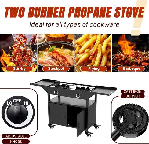 2 Burner Propane Stove,150000 BTU with Cabinet Shelf, Camp Stove to Move in Kuwait