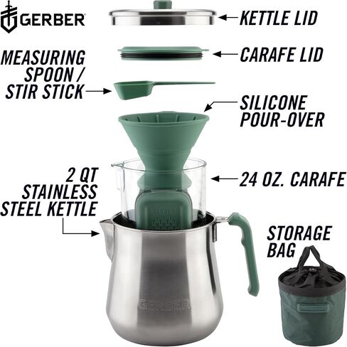 Gerber Gear ComplEAT Coffee Set - Packable Outdoor Camp Kettle & Pour Over Coffee Kit with 2 Qt Stainless Steel Kettle, 24 oz Tritan Carafe & Silicone Pour Over in Kuwait