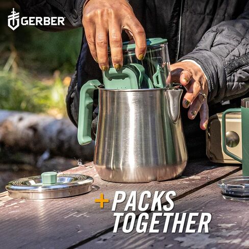 Gerber Gear ComplEAT Coffee Set - Packable Outdoor Camp Kettle & Pour Over Coffee Kit with 2 Qt Stainless Steel Kettle, 24 oz Tritan Carafe & Silicone Pour Over in Kuwait