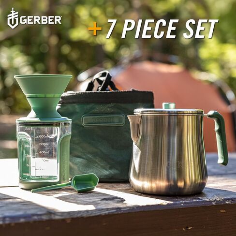 Gerber Gear ComplEAT Coffee Set - Packable Outdoor Camp Kettle & Pour Over Coffee Kit with 2 Qt Stainless Steel Kettle, 24 oz Tritan Carafe & Silicone Pour Over in Kuwait
