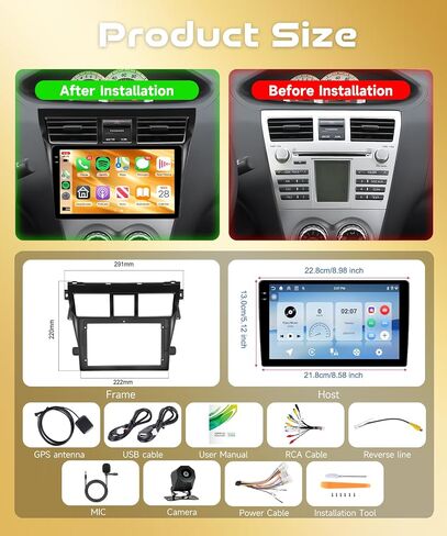 4G+128G Android Car Radio for Toyota Yaris 2007-2014 with Wireless CarPlay Android Auto, 9" Touchscreen Car Stereo Mirror Link GPS Navigation WiFi Bluetooth FM RDS EQ SWC Backup Camera in Kuwait