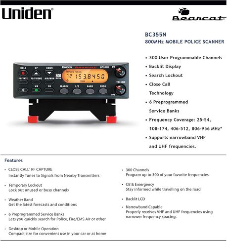 Uniden BC355N 300-Channel Base/Mobile Scanner, Close Call Capture, Pre-programmed Search Bands, NOAA Weather, Aviation, Marine, Railroad, NASCAR, and 'Non-digital' emergency services in Kuwait