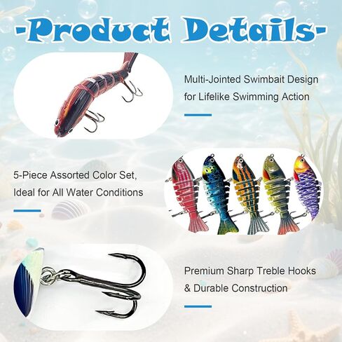Glide Bait 5PCS Multi Jointed Swimbaits, Slow Sinking Lifelike Fishing Lures with Case for Freshwater & Saltwater Bass Trout Crappie Walleye Pike in Kuwait