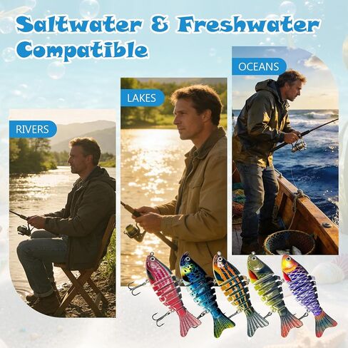 Glide Bait 5PCS Multi Jointed Swimbaits, Slow Sinking Lifelike Fishing Lures with Case for Freshwater & Saltwater Bass Trout Crappie Walleye Pike in Kuwait