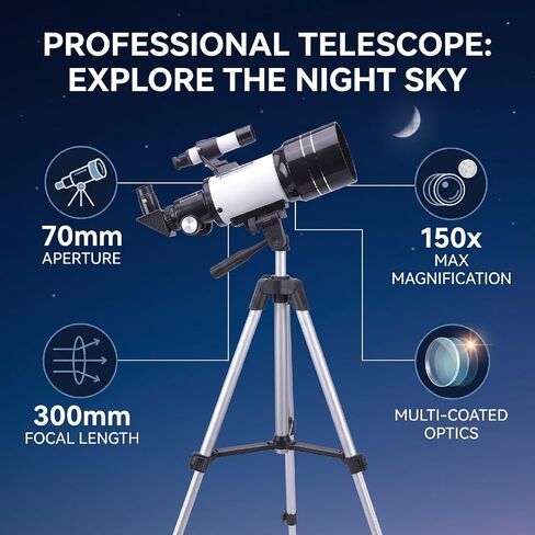 ASHATA Astronomical Telescope 70mm Aperture, 300mm Length Refractor for Moon Viewing in Kuwait