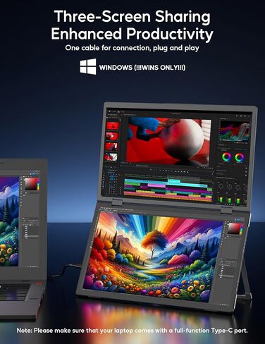 ZSCMALLS (Windows Only Triple Laptop Screen Extender, 15.6" 1080P FHD IPS Folding Stacked Portable Monitor, USB C Travel Extended Computer Display w/VESA, 180°Rotation, Plug & Play for PCs in Kuwait