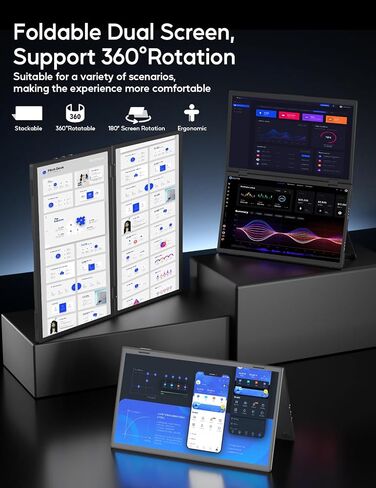 ZSCMALLS (Windows Only Triple Laptop Screen Extender, 15.6" 1080P FHD IPS Folding Stacked Portable Monitor, USB C Travel Extended Computer Display w/VESA, 180°Rotation, Plug & Play for PCs in Kuwait