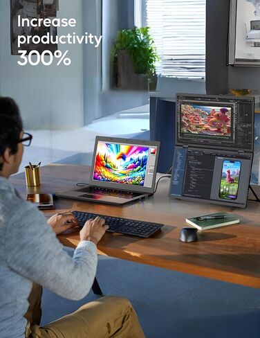 ZSCMALLS (Windows Only Triple Laptop Screen Extender, 15.6" 1080P FHD IPS Folding Stacked Portable Monitor, USB C Travel Extended Computer Display w/VESA, 180°Rotation, Plug & Play for PCs in Kuwait