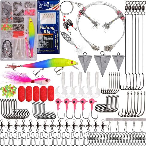 Saltwater Fishing Gear, 180pcs Saltwater Surf Fishing Tackle Kit Saltwater Fishing Lures Fish Finder Rigs Pompano Rig Pyramid Sinker Spoons Fishing Hooks Leaders Swivel Bobbers Various Accessories in Kuwait