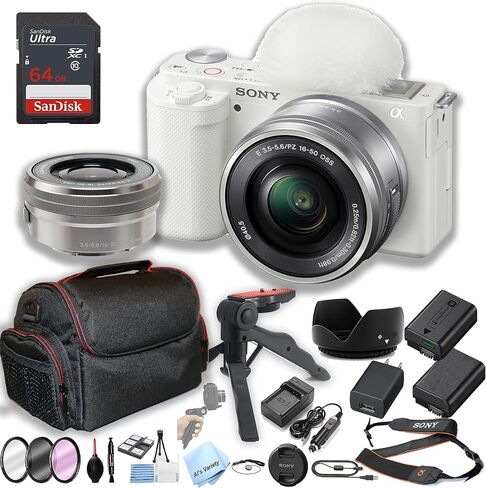 Sony ZV-E10 (White) Mirrorless Camera with 16-50mm Lens + 64GB Memory + Case+ Steady Grip Pod + Filters + 2X Batteries + More (30pc Bundle) in Kuwait