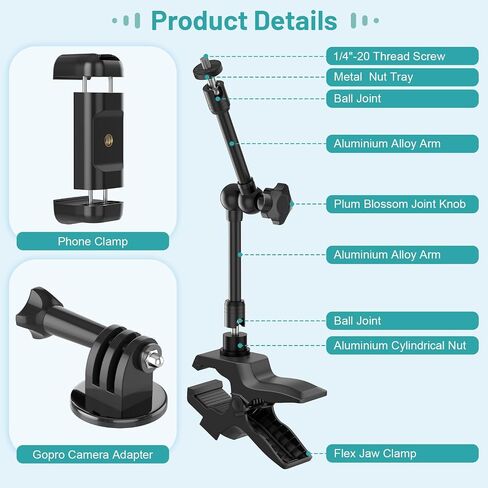 Phone Holder Jaw Flex Clamp Clip Mount,360°Adjustable Aluminium Alloy Arm Mount,Cellphone Clip Stand for Desk/Table/Post/Board,Compatible with 3.5~7.5" iPhone/HTC/LG/Huawei/Galaxy/Gopro Hero in Kuwait