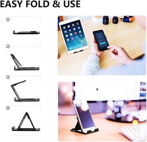 Portable Phone Stand, Foldable Desk Phone Stand for Desk, Multi-Angle Mobile Phone Holder, Universal Desktop Phone Holder & Airplane Phone Holder Compatible with All Smartphones (Black) in Kuwait