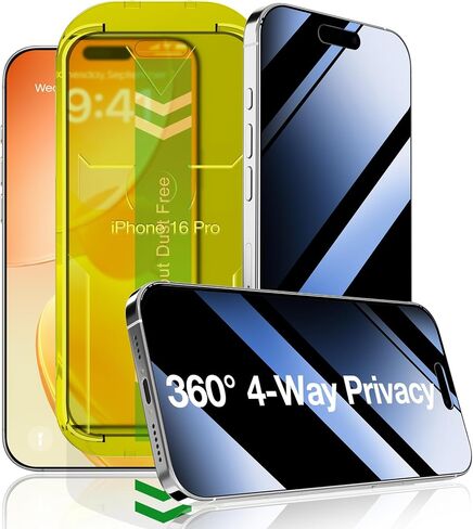Fotbor [3 Pack Privacy Screen Protector compatible with iPhone 17 Pro Max, 4-Way 360° Anti-Spy Tempered Glass with Auto-Alignment Fast Install Tray, Ion-Exchange Strengthened in Kuwait