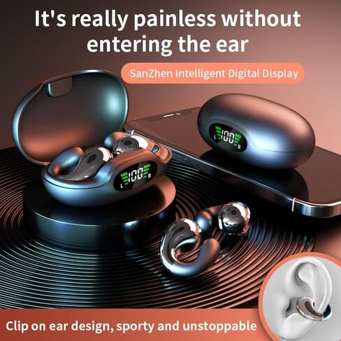 Wireless Earbuds Open Ear Headphones Clip On Earbuds Bluetooth 5.4 Headphones Long Playtime Ear Buds Digital Display Charging Case Noise Canceling Waterproof Sports Earphones in Kuwait