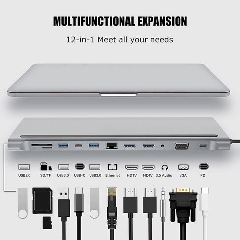 12 in 1 Laptop Docking Station Dual Monitor, Type C Hub USB C Adapter with Dual HDMI VGA PD 87W Fast Charging RJ45 Ethernet USB 3.0 Audio SD/TF Card in Kuwait