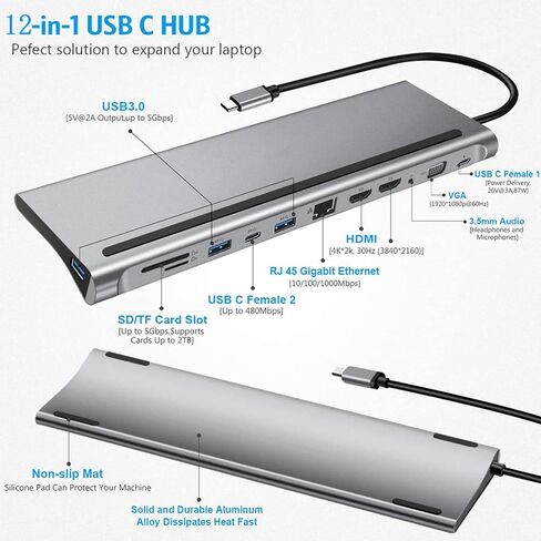 12 in 1 Laptop Docking Station Dual Monitor, Type C Hub USB C Adapter with Dual HDMI VGA PD 87W Fast Charging RJ45 Ethernet USB 3.0 Audio SD/TF Card in Kuwait