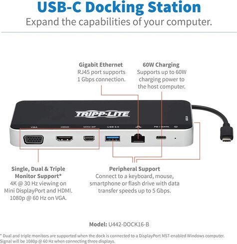 Tripp Lite USB-C Dock, 3 Monitor Display, USB Type C Hub Adds 4K HDMI, mDP, VGA, USB 3.2 Gen 1, USB-A, USB-C, GbE, 60W PD Charging, Black (U442-DOCK16-B) in Saudi Arabia