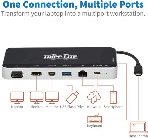 Tripp Lite USB-C Dock, 3 Monitor Display, USB Type C Hub Adds 4K HDMI, mDP, VGA, USB 3.2 Gen 1, USB-A, USB-C, GbE, 60W PD Charging, Black (U442-DOCK16-B) in Saudi Arabia