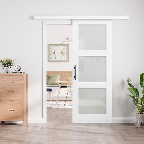 Frosted Glass Hidden Track Barn Door, 28"x80", Soft Close in Kuwait